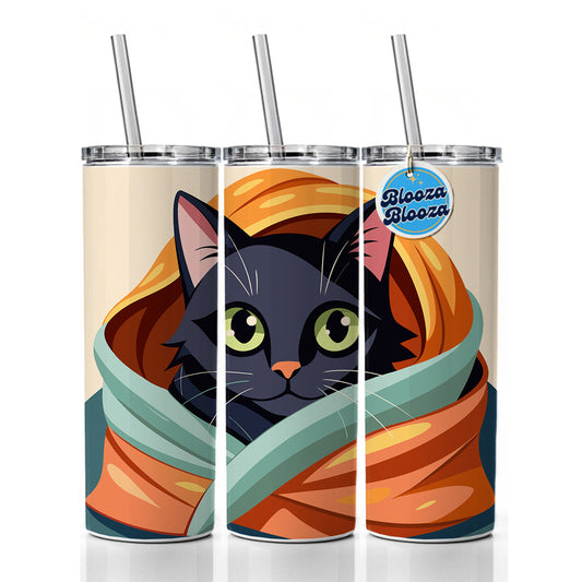 Black Cat Snuggling in Blanket Skinny Tumbler 20oz with Straw Insulated Water Bottle Gift
