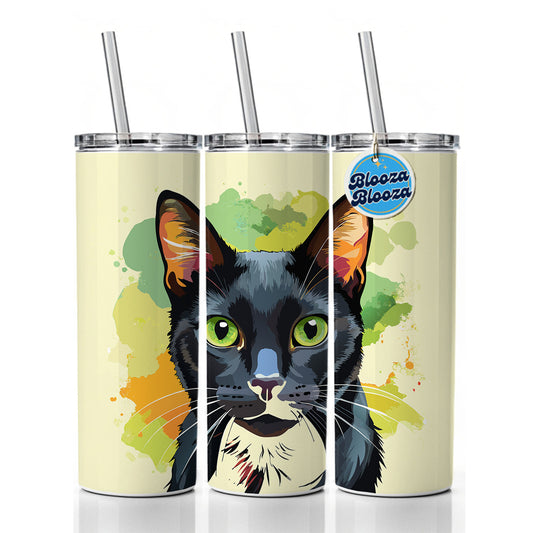 Black Cat Watercolor Skinny Tumbler 20oz with Straw Insulated Water Bottle Gift