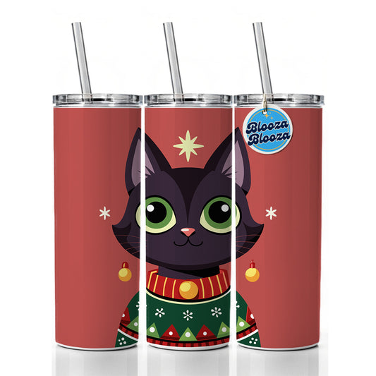 Black Cat Wearing Christmas Sweater Skinny Tumbler 20oz with Straw Insulated Water Bottle Gift