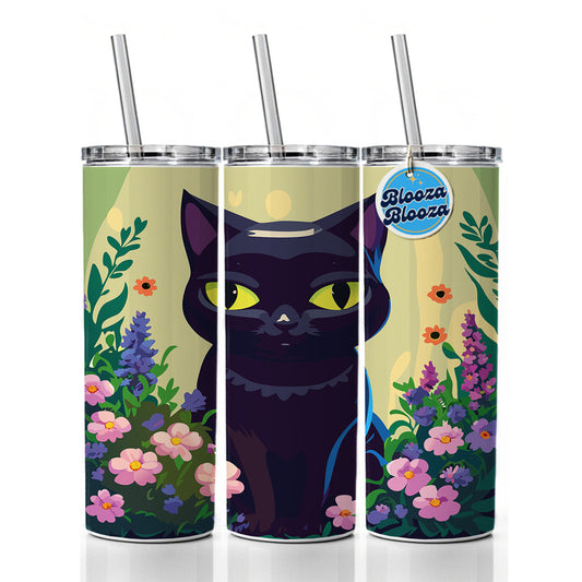 Black White Cat in Flower Garden Skinny Tumbler 20oz with Straw Insulated Water Bottle Gift