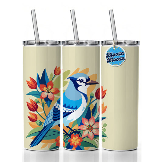 Blue Jay Floral Flowers Skinny Tumbler 20oz with Straw Insulated Water Bottle Gift