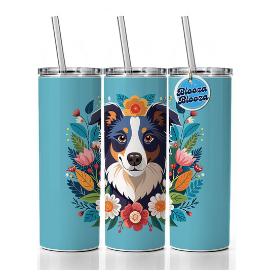 Border Collie Dog Floral Flowers Skinny Tumbler 20oz with Straw Insulated Water Bottle Gift