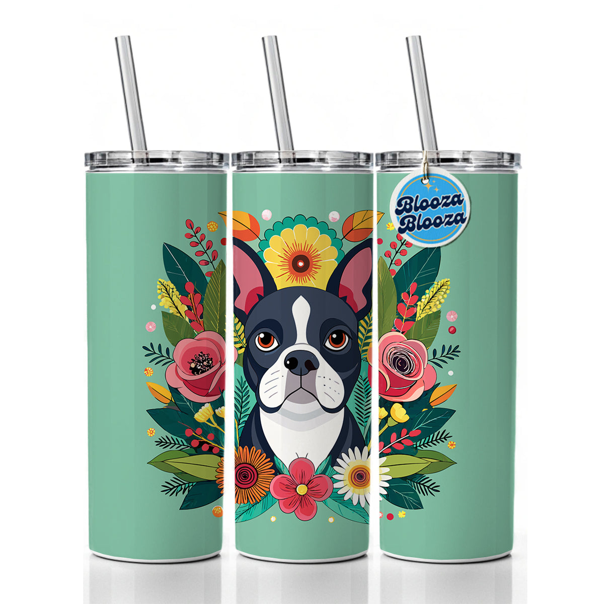 Boston Terrier Dog Floral Flowers Skinny Tumbler 20oz with Straw Insulated Water Bottle Gift