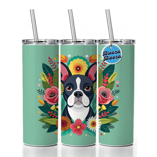 Boston Terrier Dog Floral Flowers Skinny Tumbler 20oz with Straw Insulated Water Bottle Gift