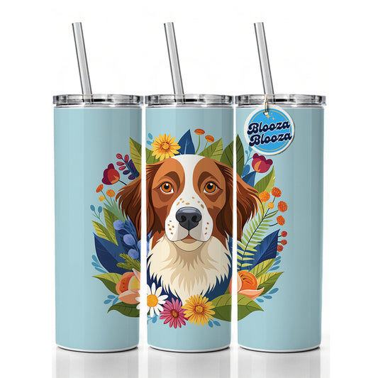 Brittany Spaniel Dog Floral Flowers Skinny Tumbler 20oz with Straw Insulated Water Bottle Gift