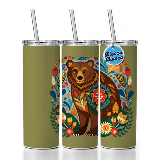 Brown Bear Floral Motif Skinny Tumbler 20oz with Straw Insulated Water Bottle Gift