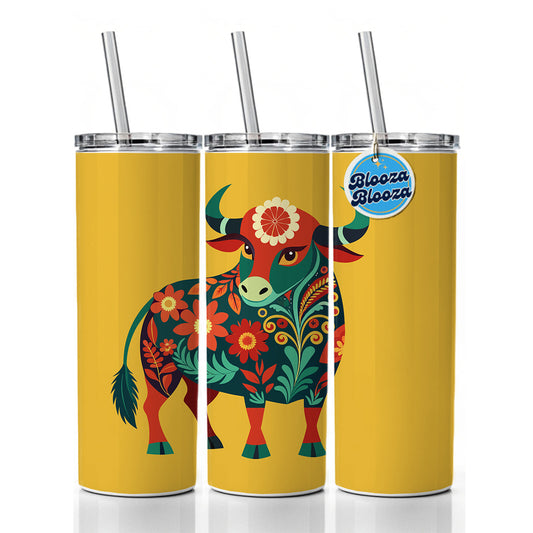 Bull Cow Floral Flowers Skinny Tumbler 20oz with Straw Insulated Water Bottle Gift