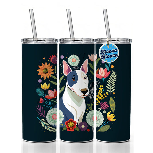 Bull Terrier Dog Floral Flowers Skinny Tumbler 20oz with Straw Insulated Water Bottle Gift