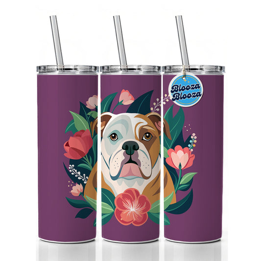 Bulldog Dog Floral Flowers Purple Background Skinny Tumbler 20oz with Straw Insulated Water Bottle Gift