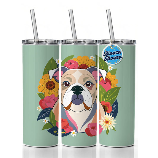 Bulldog Dog Floral Flowers Skinny Tumbler 20oz with Straw Insulated Water Bottle Gift