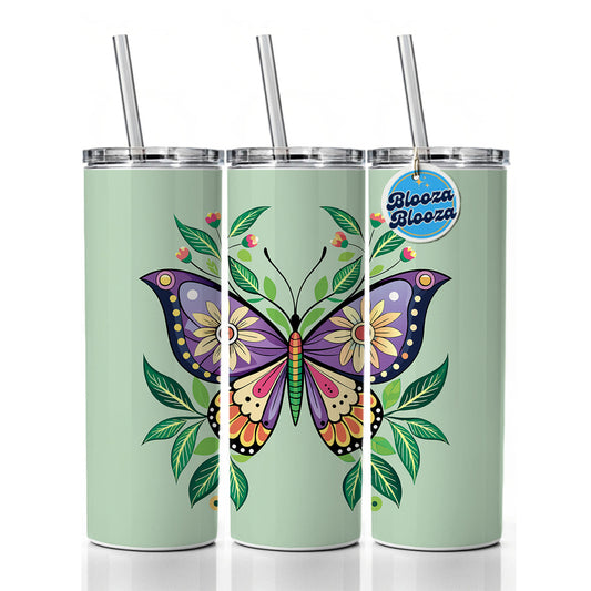 Butterfly Floral Flowers Skinny Tumbler 20oz with Straw Insulated Water Bottle Gift