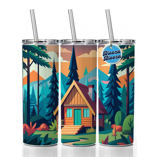 Cabin in the Forest Rustic Log Skinny Tumbler 20oz with Straw Insulated Water Bottle Gift