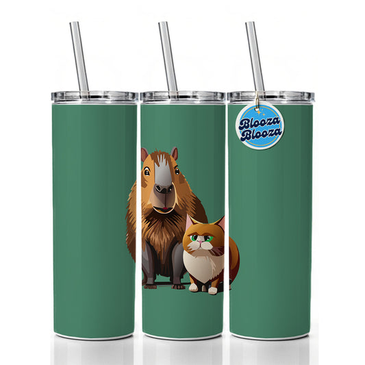 Capybara and Cat Best Friends BFF Cute Skinny Tumbler 20oz with Straw Insulated Water Bottle Gift
