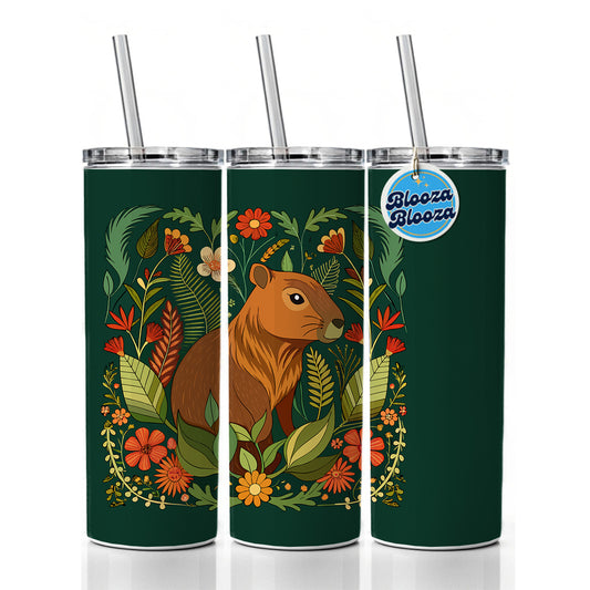 Capybara Botanical Art Nouveau Skinny Tumbler 20oz with Straw Insulated Water Bottle Gift