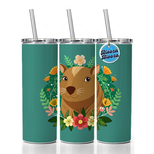 Capybara Head Floral Flowers Skinny Tumbler 20oz with Straw Insulated Water Bottle Gift