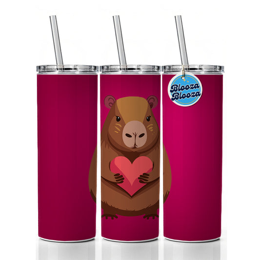 Capybara Love Holding Heart Valentines Day Anniversary Skinny Tumbler 20oz with Straw Insulated Water Bottle Gift