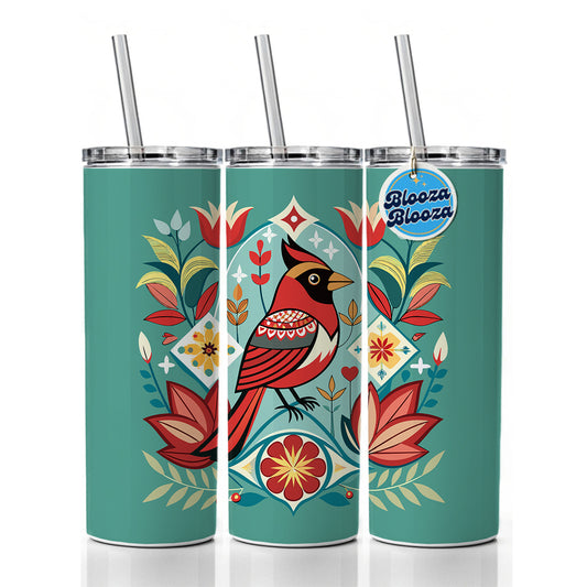 Cardinal Bird Floral Flowers Skinny Tumbler 20oz with Straw Insulated Water Bottle Gift