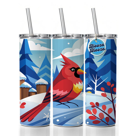 Cardinal in Winter Snow Scene Skinny Tumbler 20oz with Straw Insulated Water Bottle Gift