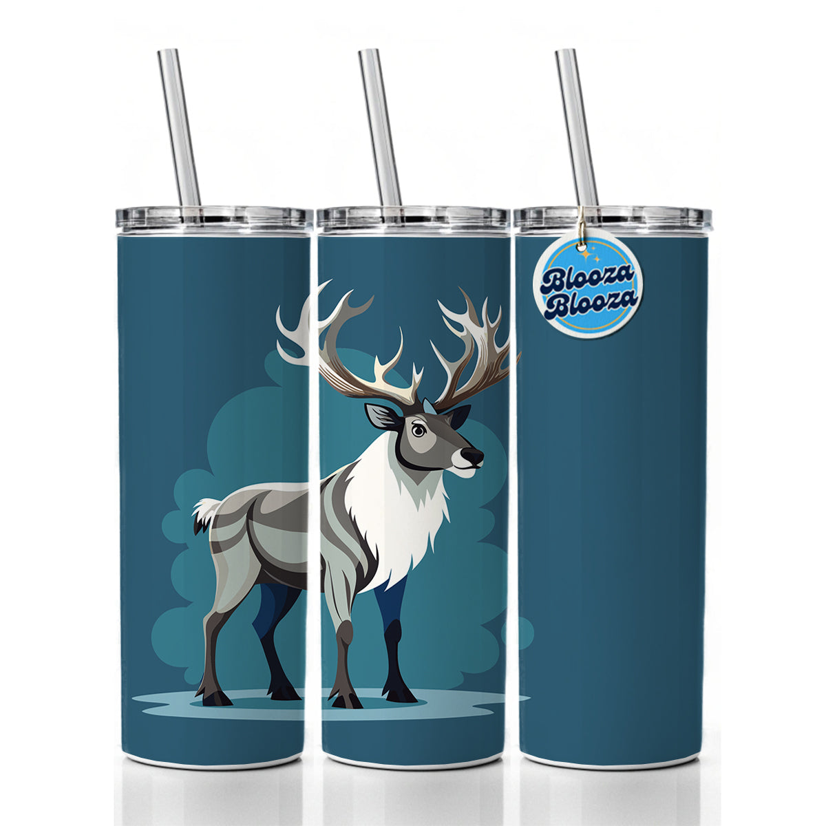 Caribou Reindeer Skinny Tumbler 20oz with Straw Insulated Water Bottle Gift