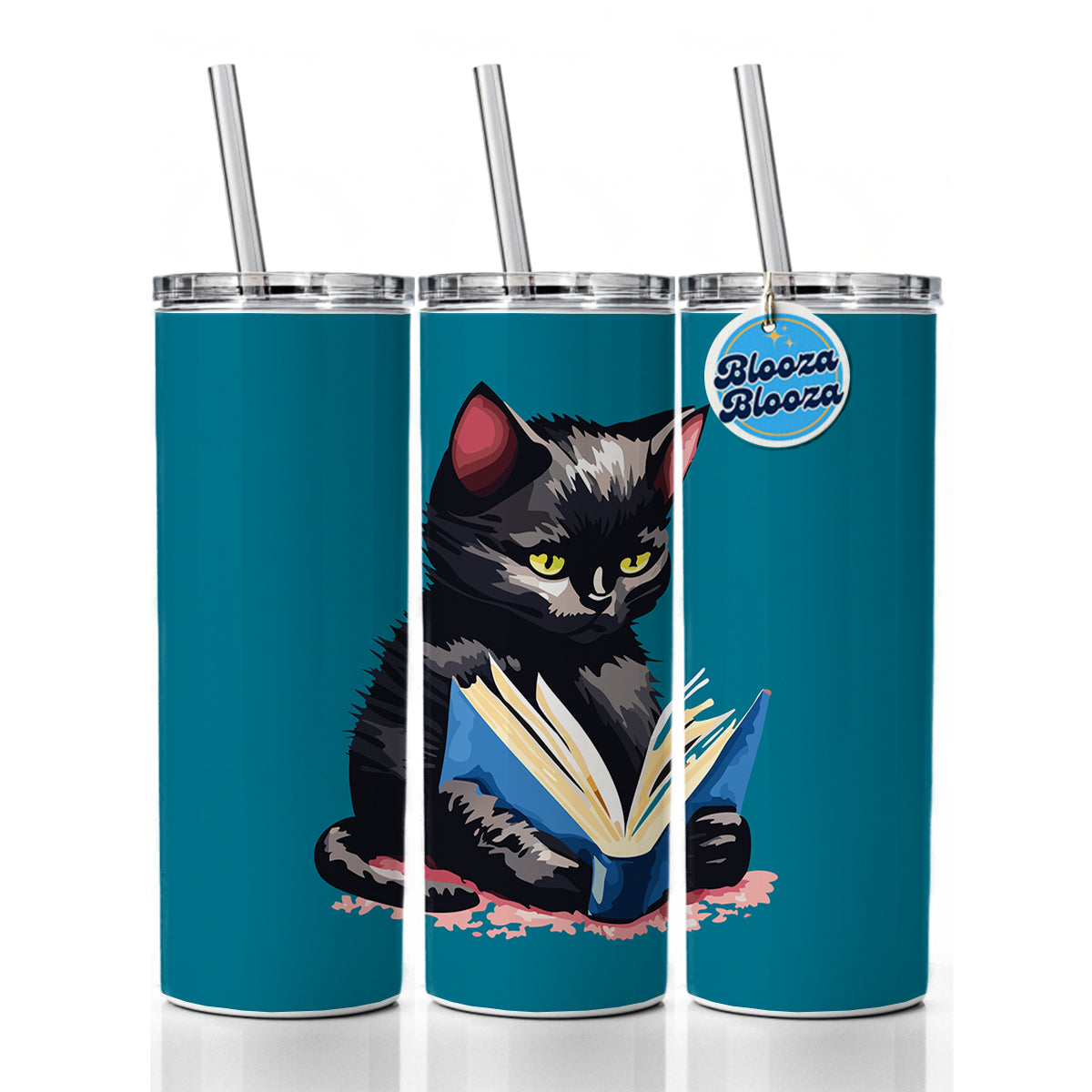 Cat Black Reading Book Reader Skinny Tumbler 20oz with Straw Insulated Water Bottle Gift