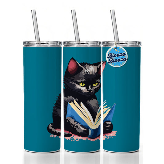 Cat Black Reading Book Reader Skinny Tumbler 20oz with Straw Insulated Water Bottle Gift