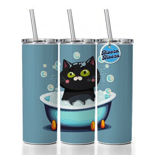 Cat Black Taking Bubble Bath Skinny Tumbler 20oz with Straw Insulated Water Bottle Gift