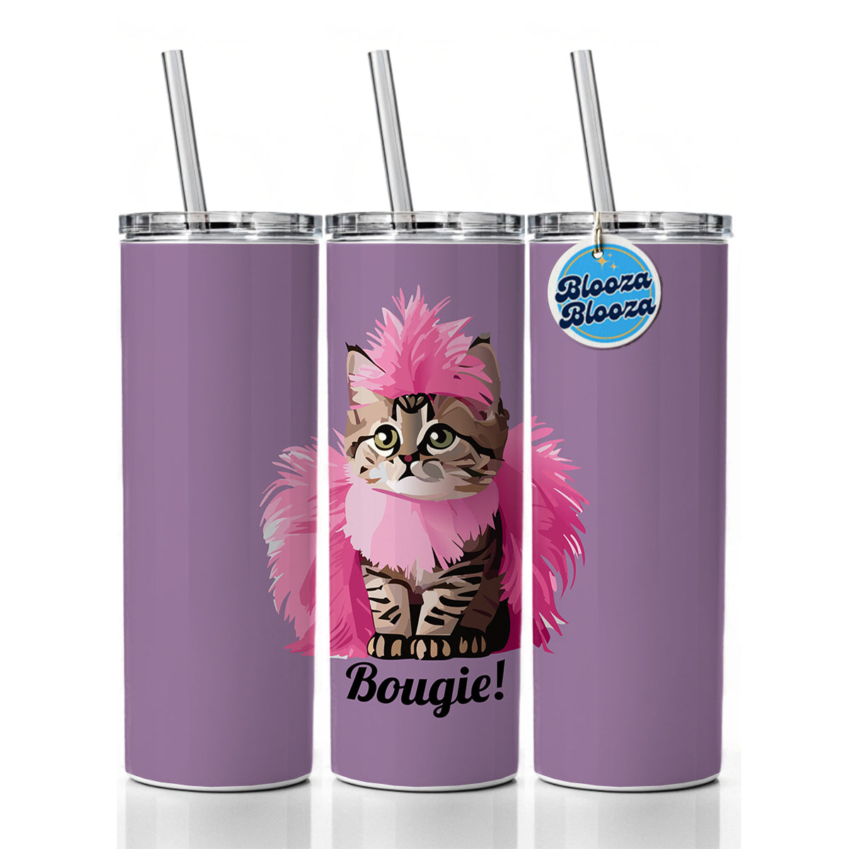 Cat Bougie Funny Pink Feather Boa Skinny Tumbler 20oz with Straw Insulated Water Bottle Gift