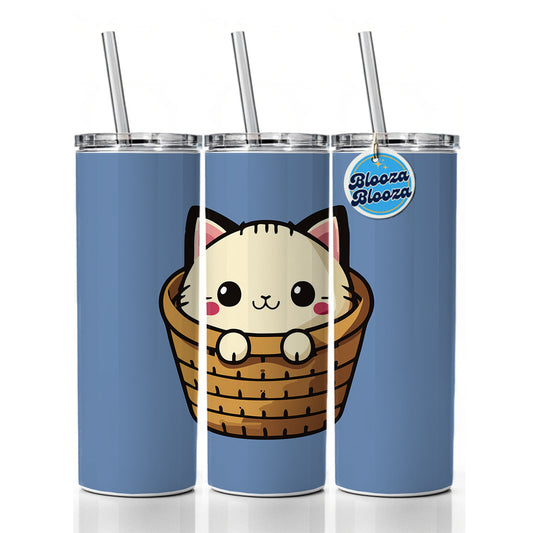Cat Cute Chibi in Basket Skinny Tumbler 20oz with Straw Insulated Water Bottle Gift