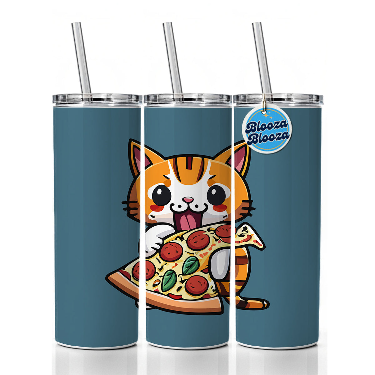 Cat Eating Pizza Funny Skinny Tumbler 20oz with Straw Insulated Water Bottle Gift