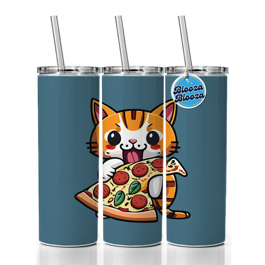 Cat Eating Pizza Funny Skinny Tumbler 20oz with Straw Insulated Water Bottle Gift