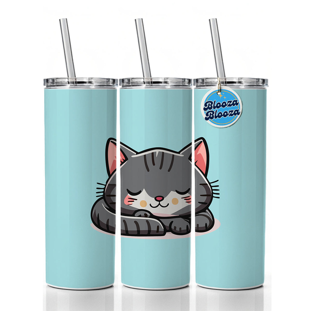 Cat Gray Sleeping Skinny Tumbler 20oz with Straw Insulated Water Bottle Gift