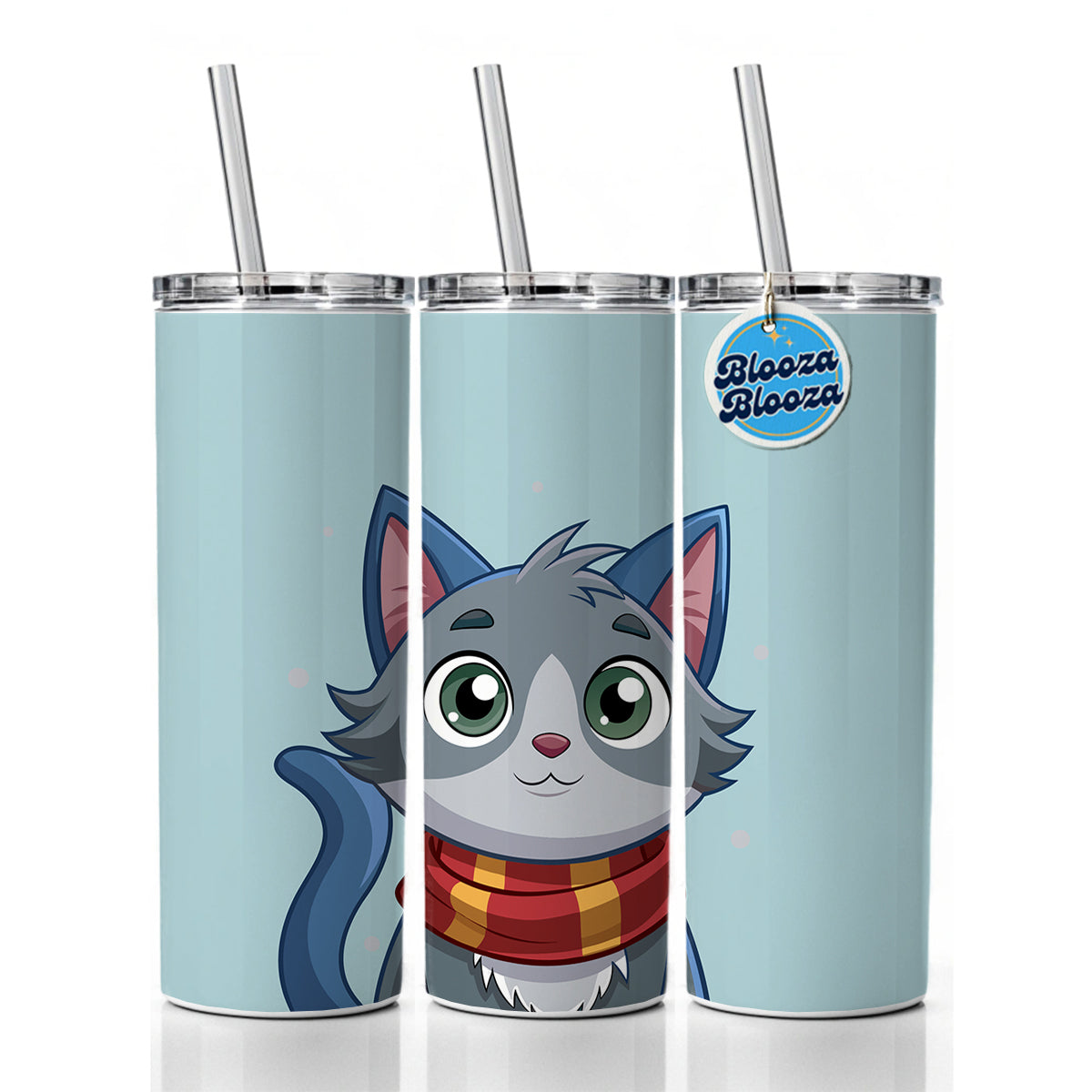 Cat Gray Wearing Winter Scarf Skinny Tumbler 20oz with Straw Insulated Water Bottle Gift