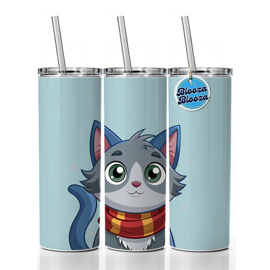Cat Gray Wearing Winter Scarf Skinny Tumbler 20oz with Straw Insulated Water Bottle Gift