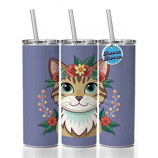 Cat Head Floral Flowers Skinny Tumbler 20oz with Straw Insulated Water Bottle Gift