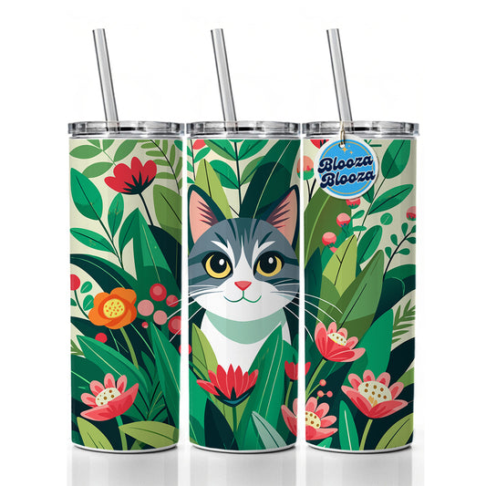 Cat Hiding in Flower Garden Skinny Tumbler 20oz with Straw Insulated Water Bottle Gift