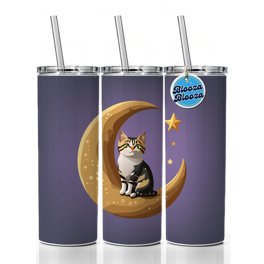 Cat on Crescent Moon Stars Cute Skinny Tumbler 20oz with Straw Insulated Water Bottle Gift