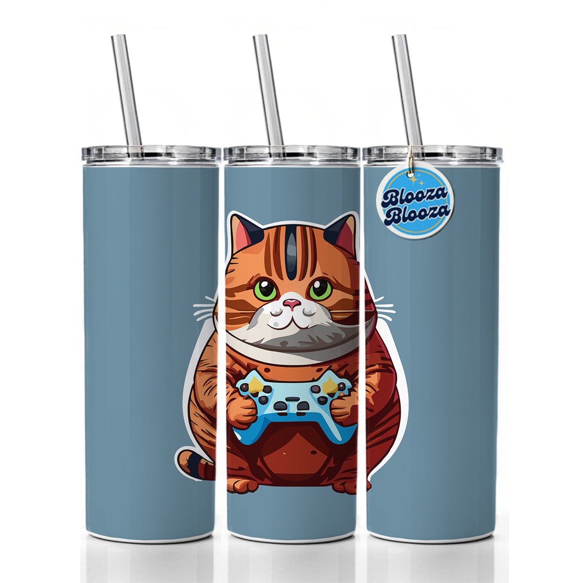 Cat Playing Game Gamer Gaming Chubby Skinny Tumbler 20oz with Straw Insulated Water Bottle Gift