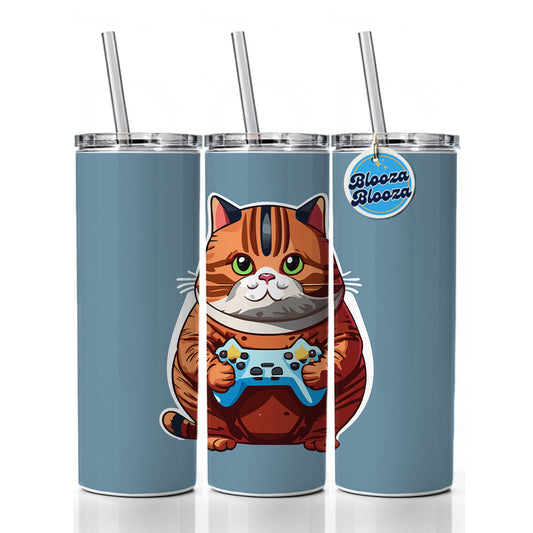 Cat Playing Game Gamer Gaming Chubby Skinny Tumbler 20oz with Straw Insulated Water Bottle Gift