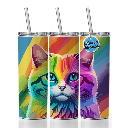 Cat Rainbow Skinny Tumbler 20oz with Straw Insulated Water Bottle Gift