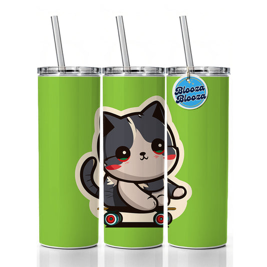 Cat Riding Skateboard Skater Kawaii Cute Skinny Tumbler 20oz with Straw Insulated Water Bottle Gift