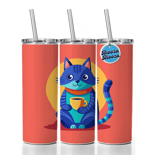 Cat Sipping Tea Skinny Tumbler 20oz with Straw Insulated Water Bottle Gift