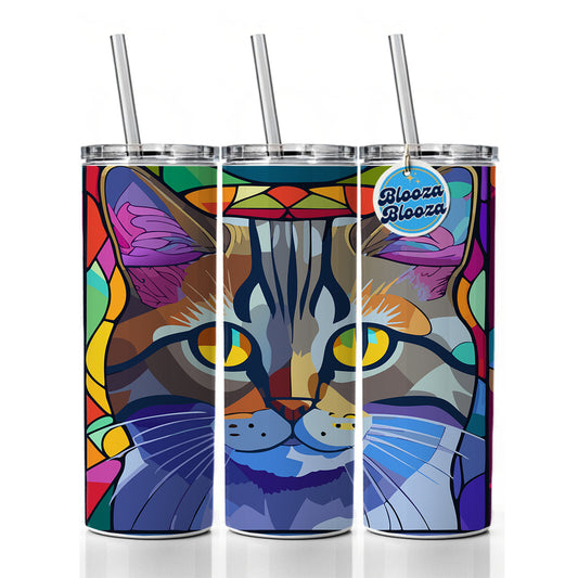 Cat Stained Glass Style Skinny Tumbler 20oz with Straw Insulated Water Bottle Gift