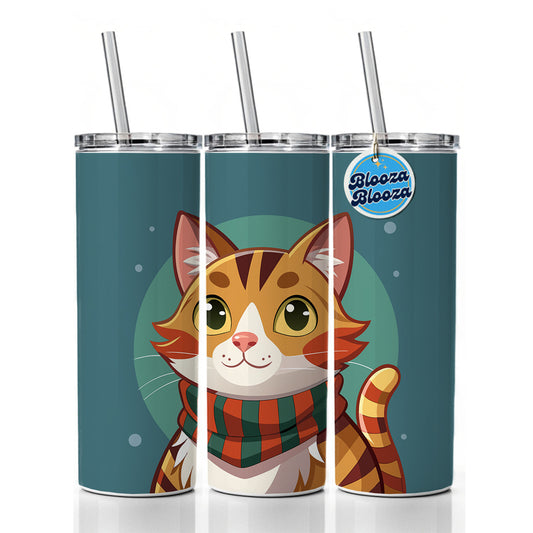 Cat Tabby Wearing Winter Scarf Skinny Tumbler 20oz with Straw Insulated Water Bottle Gift
