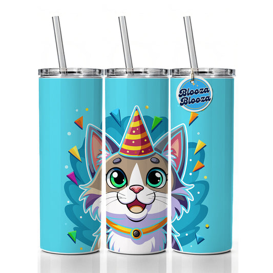 Cat Wearing Birthday Hat Skinny Tumbler 20oz with Straw Insulated Water Bottle Gift