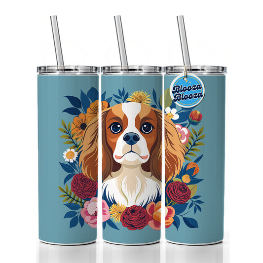 Cavalier King Charles Spaniel Dog Floral Flowers Skinny Tumbler 20oz with Straw Insulated Water Bottle Gift