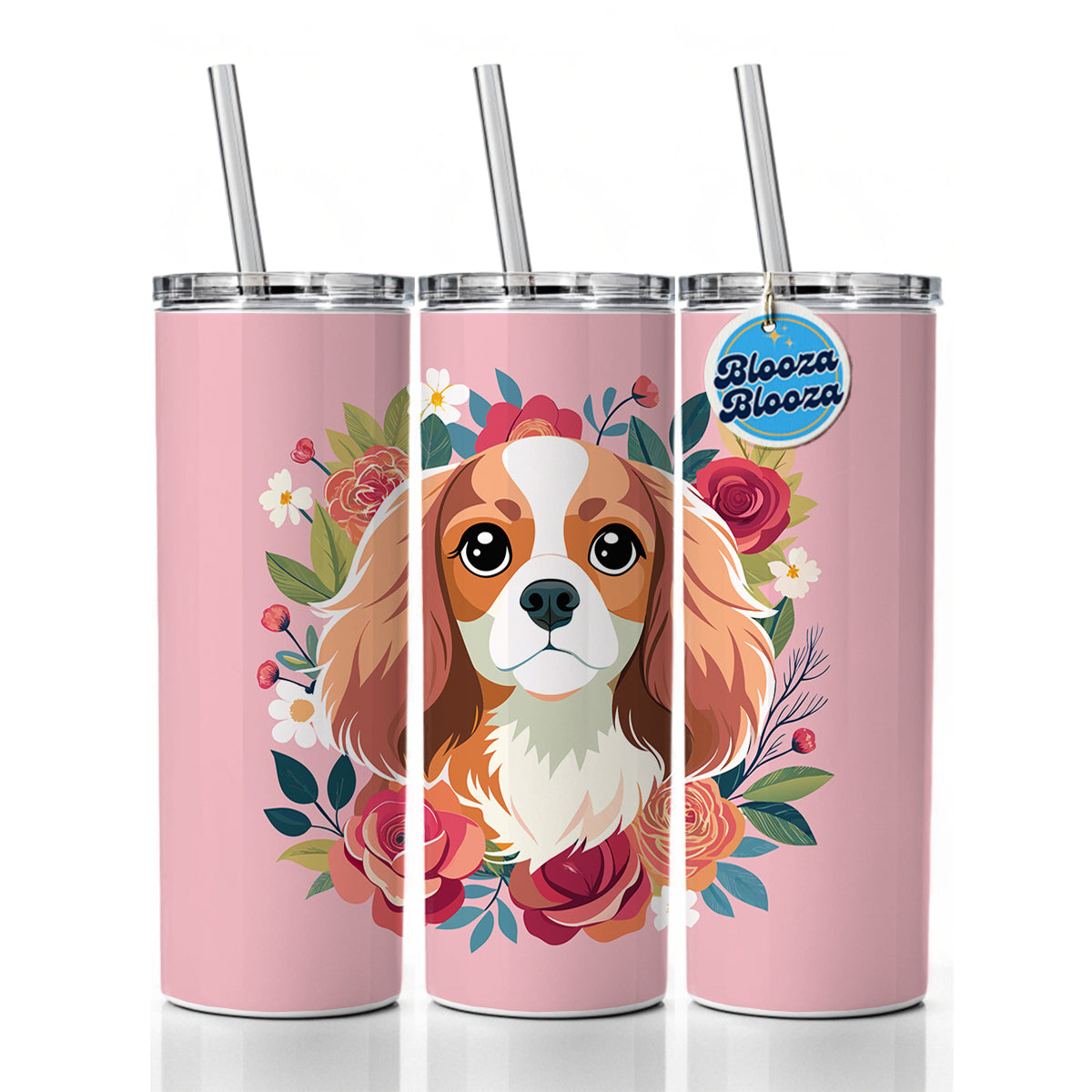 Cavalier King Charles Spaniel Dog Pink Floral Flowers Skinny Tumbler 20oz with Straw Insulated Water Bottle Gift