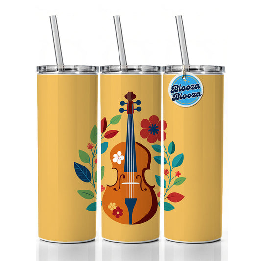 Cello Floral Motif Music Skinny Tumbler 20oz with Straw Insulated Water Bottle Gift