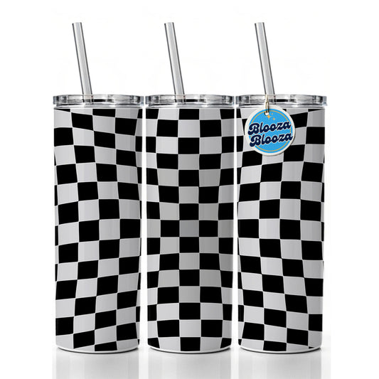 Checkered Flag Black White Skinny Tumbler 20oz with Straw Insulated Water Bottle Gift