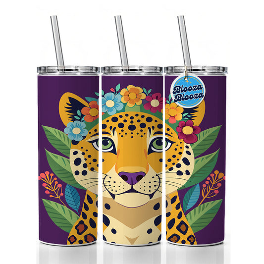 Cheetah Head Floral Flowers Skinny Tumbler 20oz with Straw Insulated Water Bottle Gift