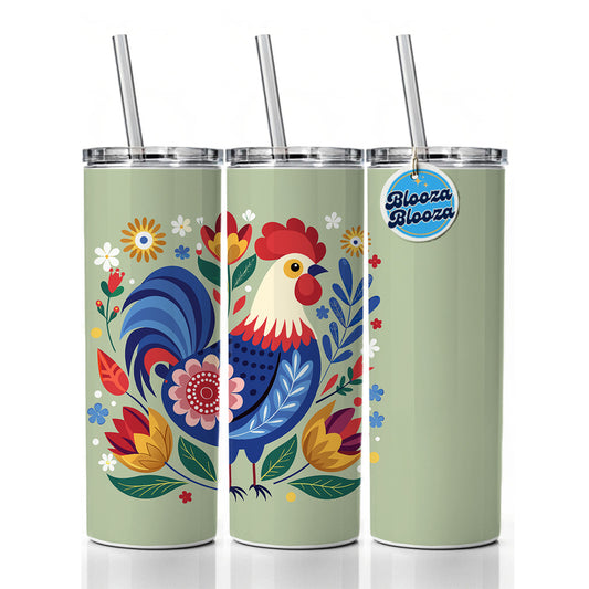 Chicken Rooster Floral Flowers Skinny Tumbler 20oz with Straw Insulated Water Bottle Gift